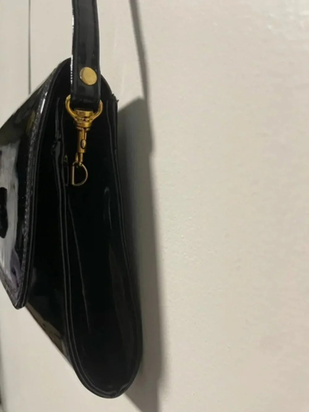Rafy Black Patent Leather Crossbody Bag with  Gold Bow Detail